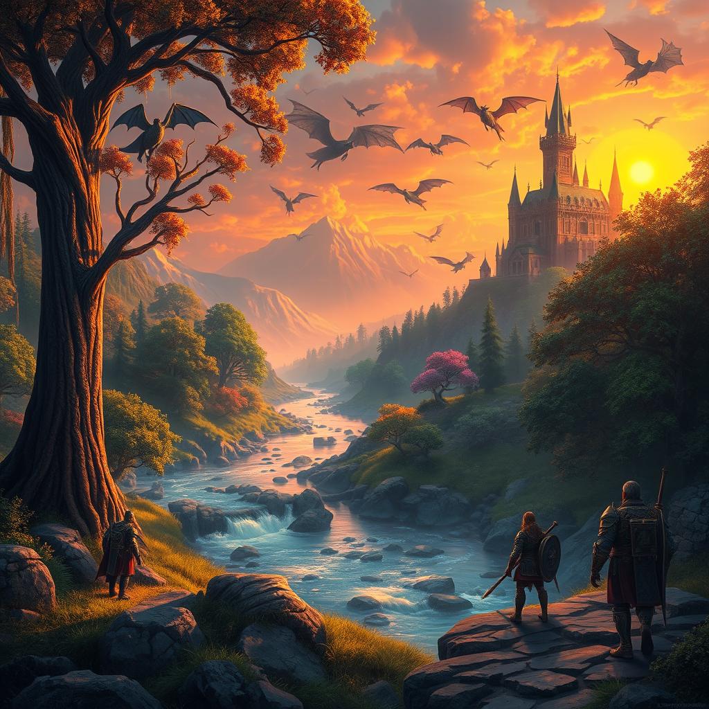 A beautifully detailed fantasy landscape set in a vibrant gaming world, featuring a lush forest with towering ancient trees, fantastical creatures like dragons soaring in the sky, and a mystical castle in the background