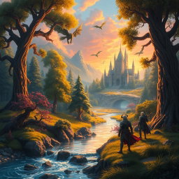 A beautifully detailed fantasy landscape set in a vibrant gaming world, featuring a lush forest with towering ancient trees, fantastical creatures like dragons soaring in the sky, and a mystical castle in the background