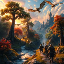 A beautifully detailed fantasy landscape set in a vibrant gaming world, featuring a lush forest with towering ancient trees, fantastical creatures like dragons soaring in the sky, and a mystical castle in the background