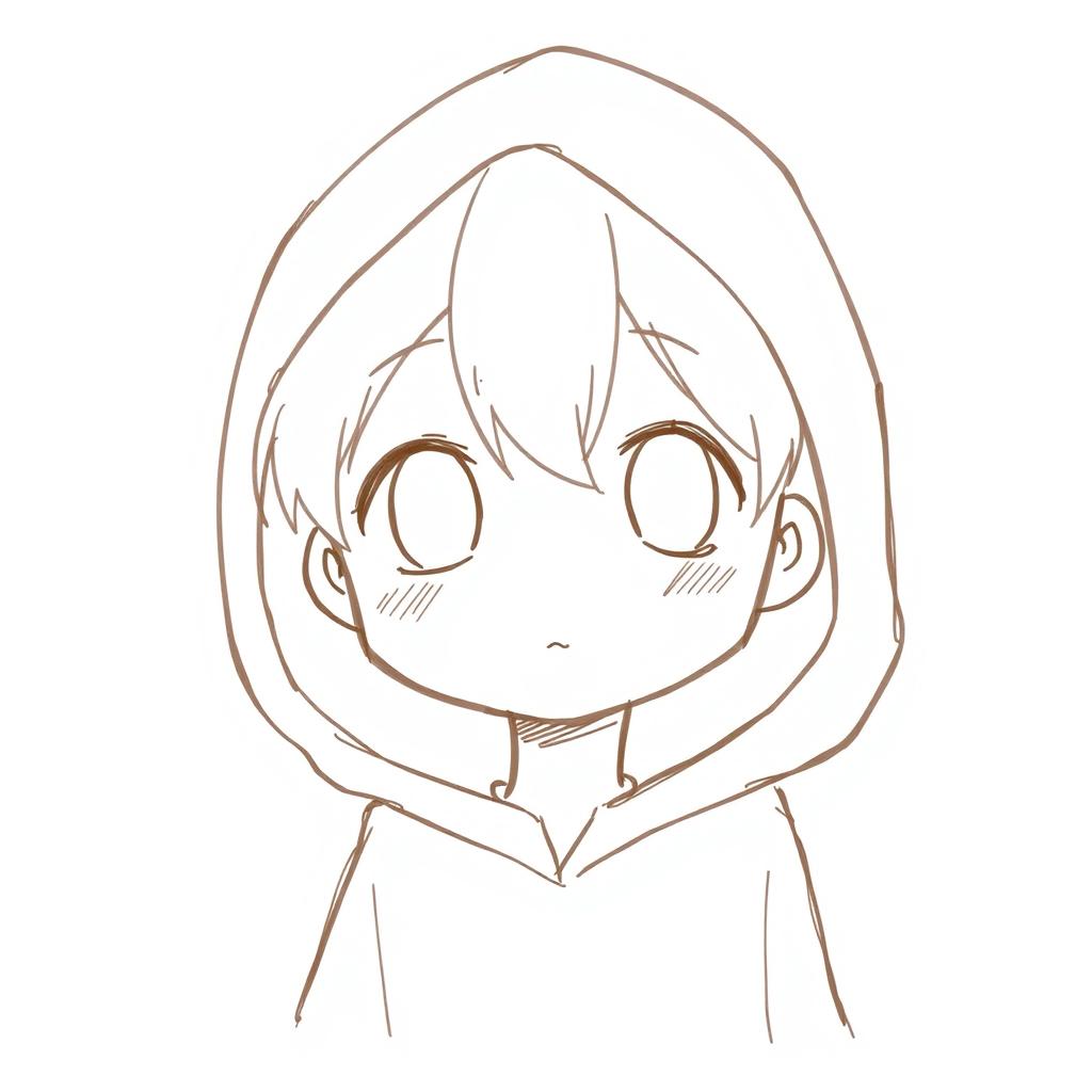 A simple anime sketch of a boy facing forward, wearing a hood
