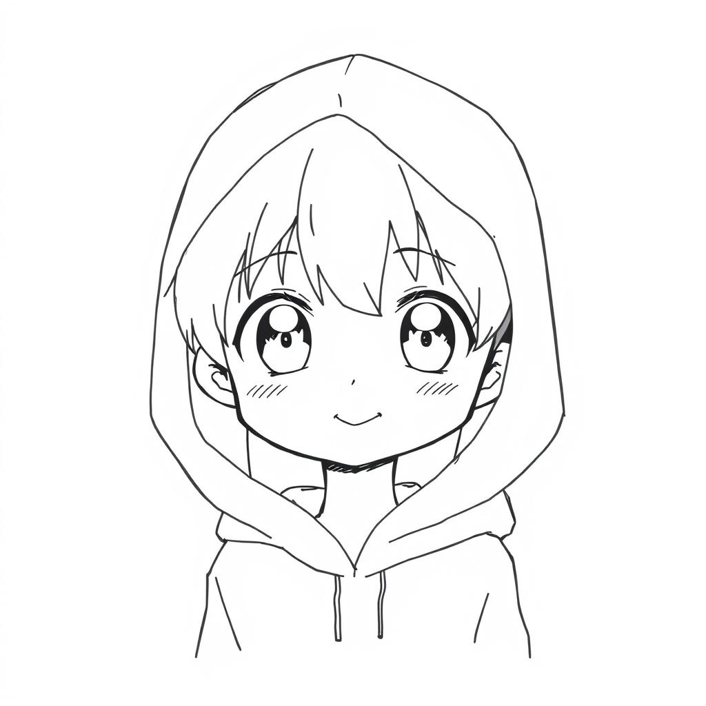 A simple anime sketch of a boy facing forward, wearing a hood