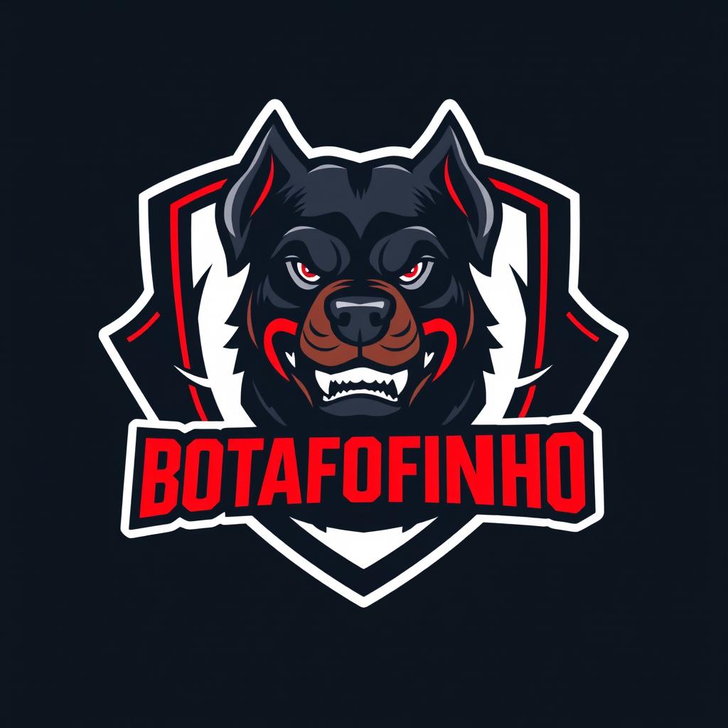 A powerful and striking e-sports football team logo for BOTAFOFINHO, featuring a fierce Rottweiler as the central focus