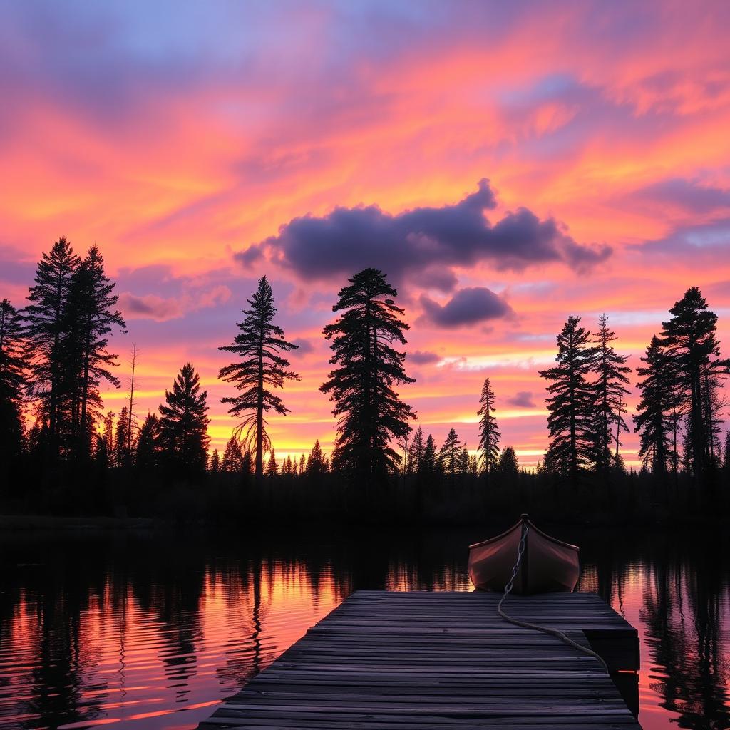 A serene landscape at sunset, featuring a vibrant sky filled with shades of orange, pink, and purple, reflecting off a calm lake surrounded by tall pine trees