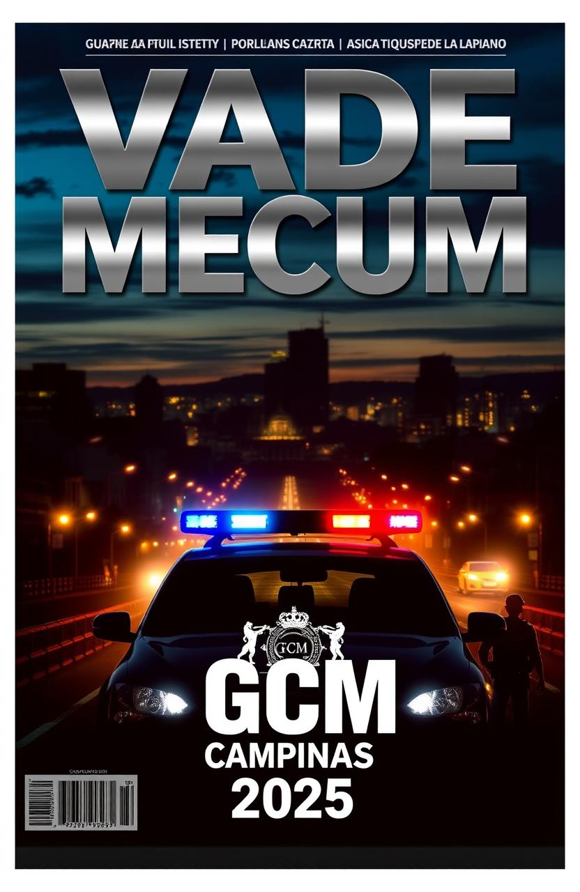 A bold and striking cover design focused on a police theme, featuring the phrase 'VADE MECUM GCM CAMPINAS 2025' prominently displayed
