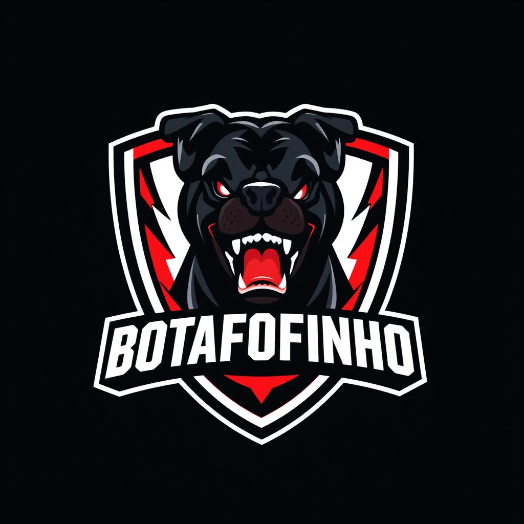 A dynamic and powerful e-sports football team logo for BOTAFOFINHO, featuring a fierce Rottweiler as the primary element