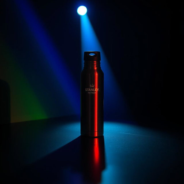 A dark room illuminated by a colorful spotlight casting vibrant blue, red, and green lights onto a Stanley thermos, creating a stunning, dramatic effect