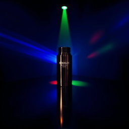 A dark room illuminated by a colorful spotlight casting vibrant blue, red, and green lights onto a Stanley thermos, creating a stunning, dramatic effect