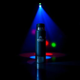 A dark room illuminated by a colorful spotlight casting vibrant blue, red, and green lights onto a Stanley thermos, creating a stunning, dramatic effect