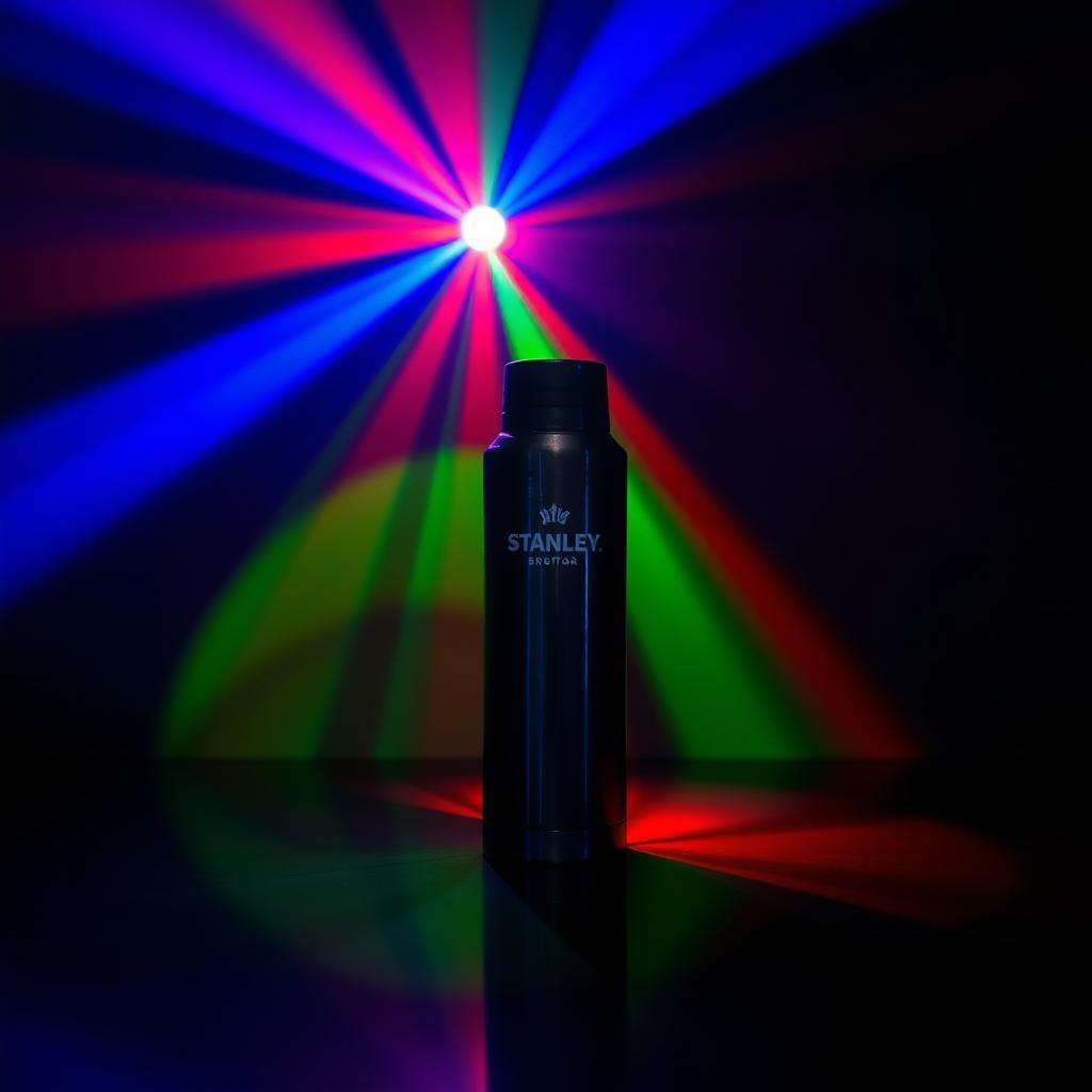 A dark room illuminated by a colorful spotlight casting vibrant blue, red, and green lights onto a Stanley thermos, creating a stunning, dramatic effect