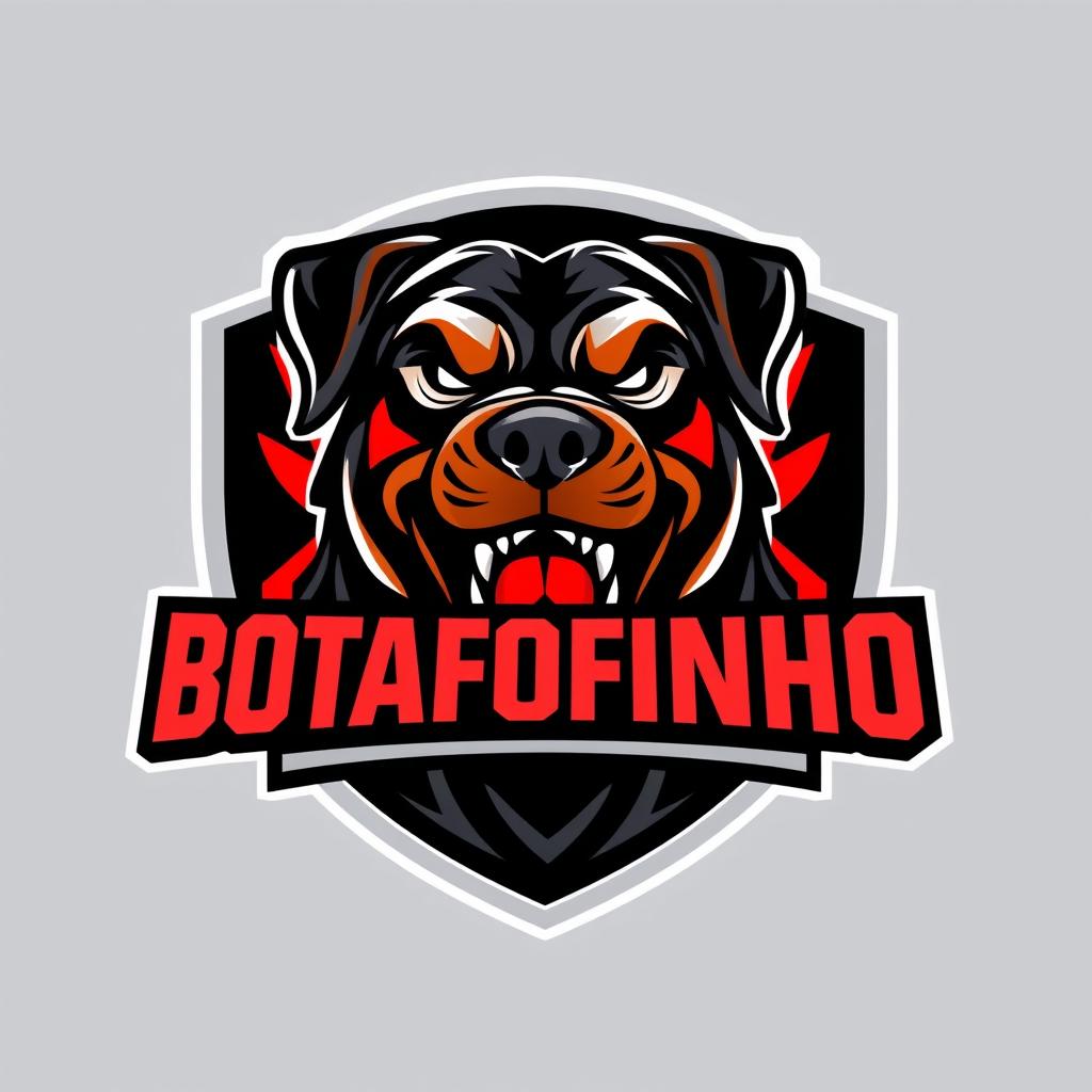 A compelling e-sports football team logo for BOTAFOFINHO, prominently featuring a fierce Rottweiler as the main element
