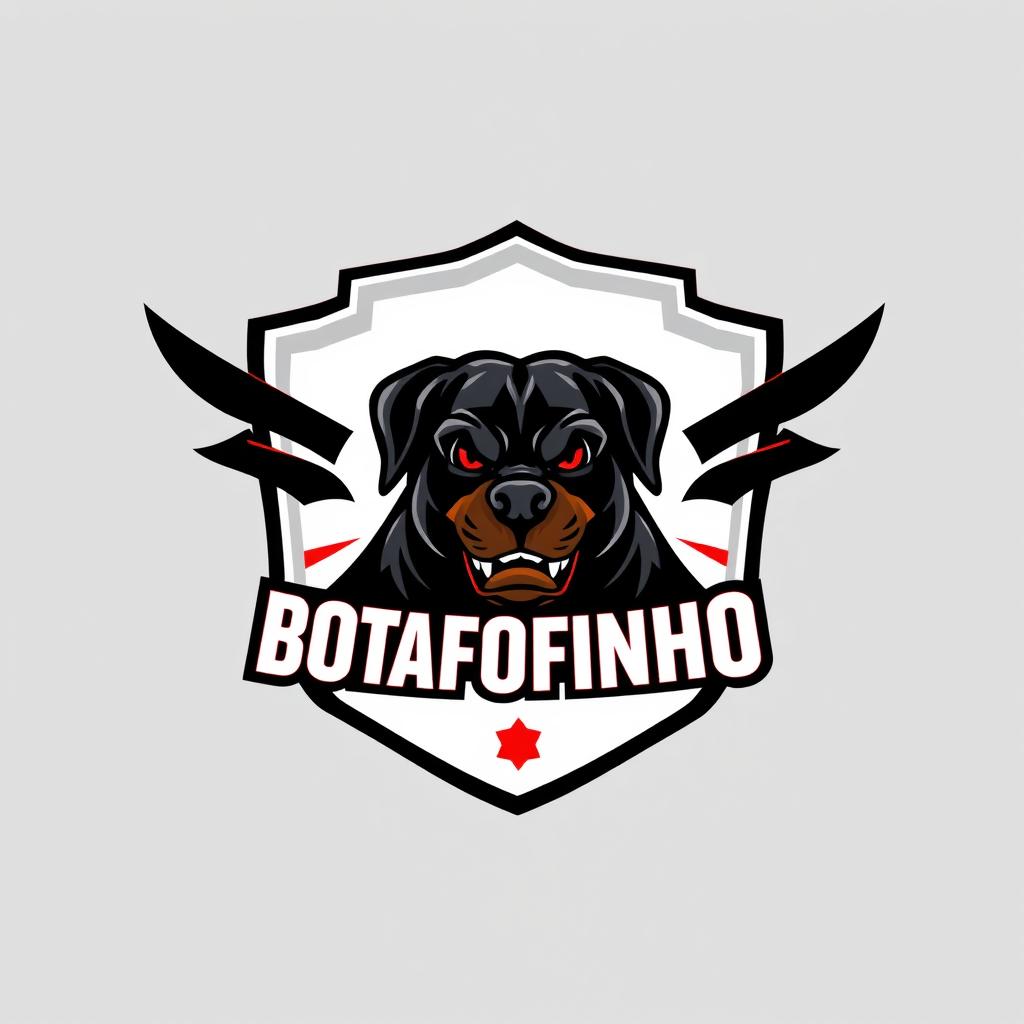 A bold and eye-catching e-sports football team logo for BOTAFOFINHO, featuring a fierce Rottweiler as the central element