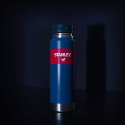 A dark room featuring a Stanley thermos that is predominantly blue and red in color, illuminated by a soft white light that highlights its surface