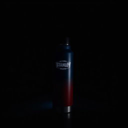 A dark room featuring a Stanley thermos that is predominantly blue and red in color, illuminated by a soft white light that highlights its surface