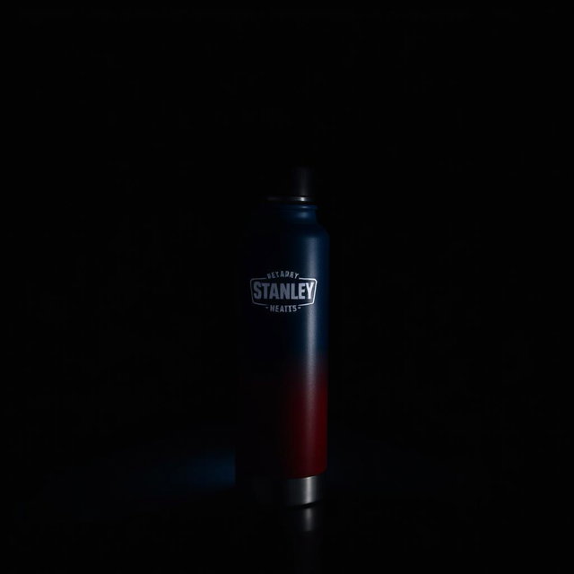 A dark room featuring a Stanley thermos that is predominantly blue and red in color, illuminated by a soft white light that highlights its surface
