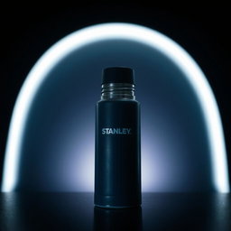 A dark room featuring a Stanley thermos that is predominantly blue and red in color, illuminated by a soft white light that highlights its surface