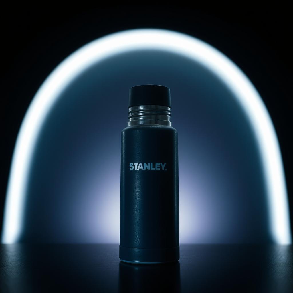 A dark room featuring a Stanley thermos that is predominantly blue and red in color, illuminated by a soft white light that highlights its surface