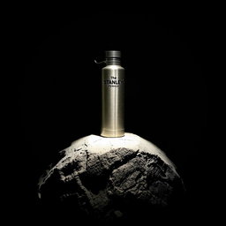 In a dark room, a Stanley thermos sits atop a weathered stone with visible cracks, illuminated by a bright white light that casts dramatic shadows