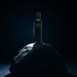 In a dark room, a Stanley thermos sits atop a weathered stone with visible cracks, illuminated by a bright white light that casts dramatic shadows