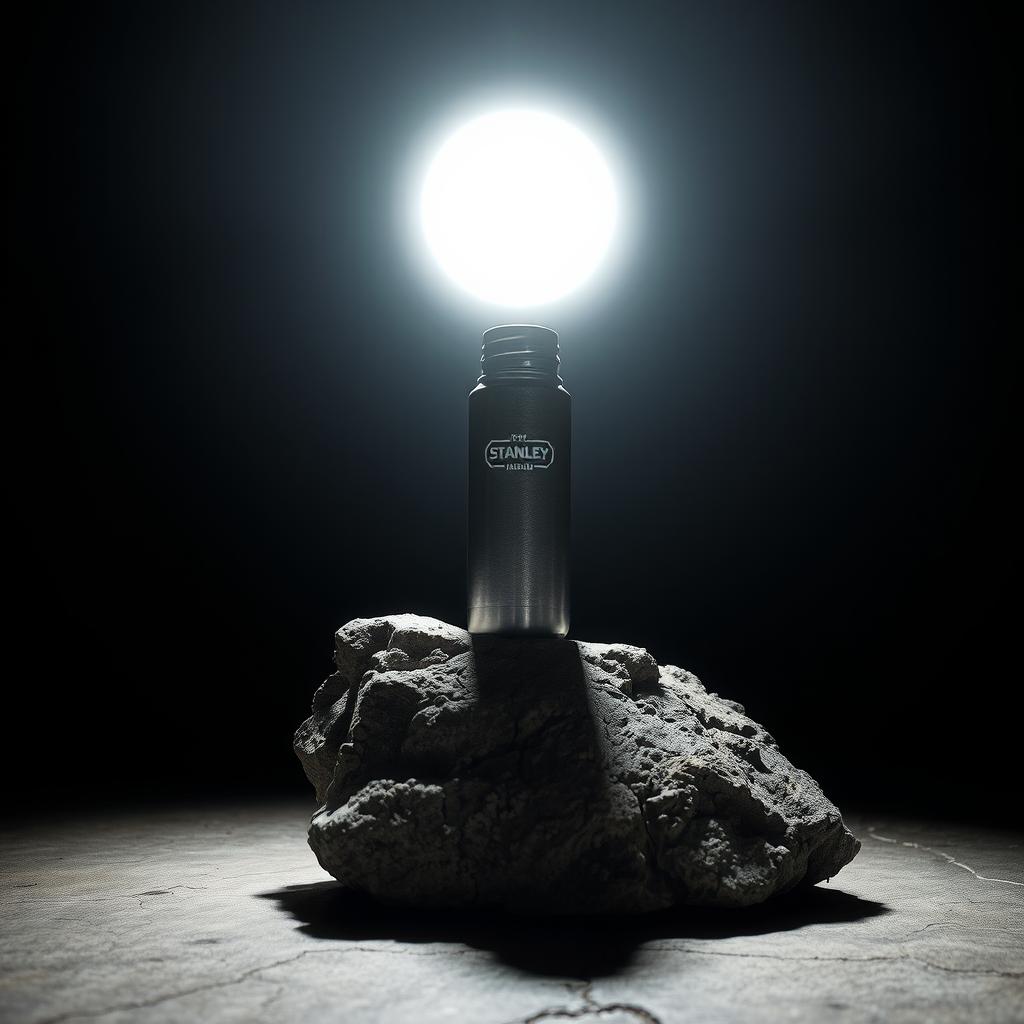 In a dark room, a Stanley thermos sits atop a weathered stone with visible cracks, illuminated by a bright white light that casts dramatic shadows