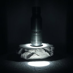 In a dark room, a Stanley thermos sits atop a weathered stone with visible cracks, illuminated by a bright white light that casts dramatic shadows