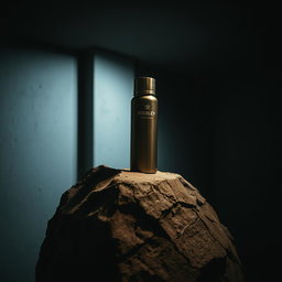 In a dark room, a Stanley thermos rests atop a cracked stone, illuminated by bright white light shining down from above