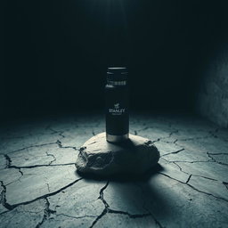 In a dark room, a Stanley thermos rests atop a cracked stone, illuminated by bright white light shining down from above