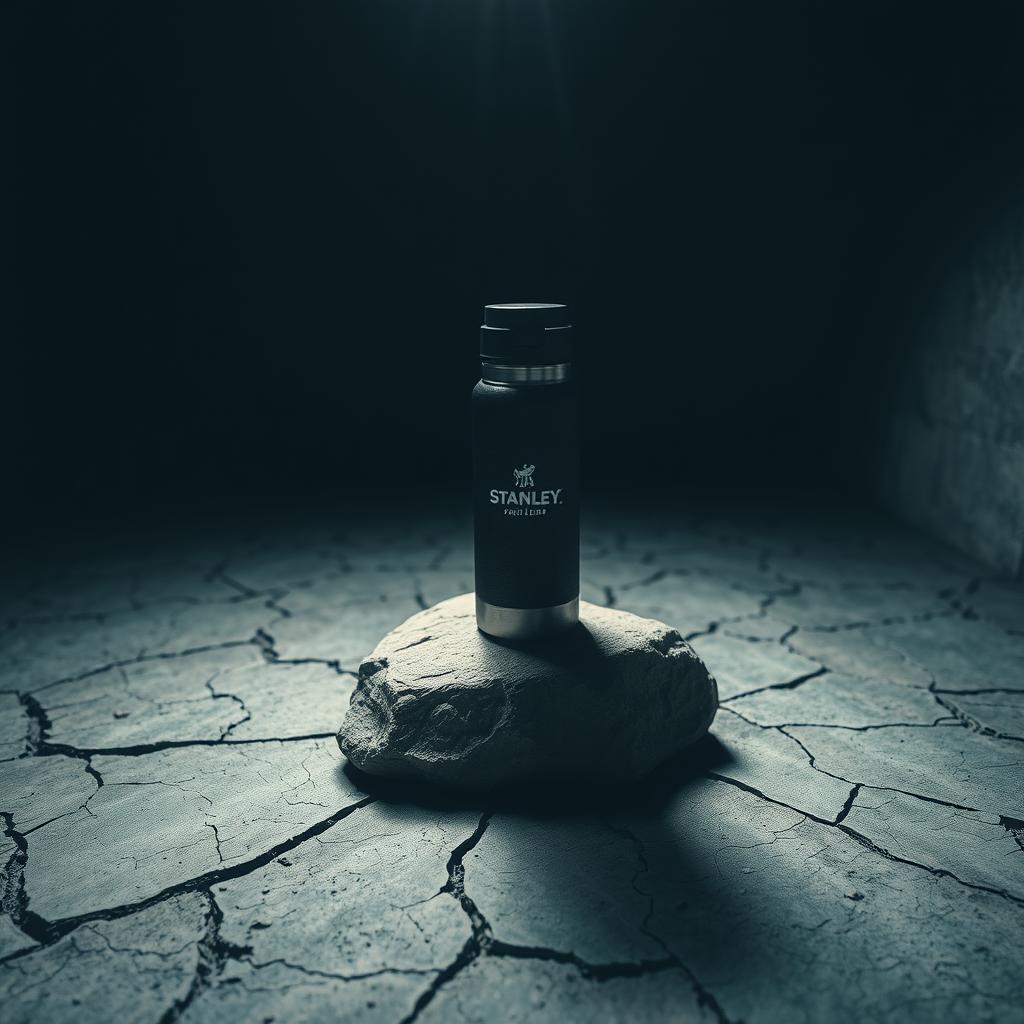 In a dark room, a Stanley thermos rests atop a cracked stone, illuminated by bright white light shining down from above
