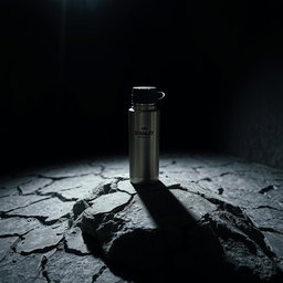 In a dark room, a Stanley thermos rests atop a cracked stone, illuminated by bright white light shining down from above