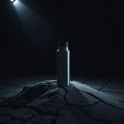 In a dark room, a Stanley thermos rests atop a cracked stone, illuminated by bright white light shining down from above