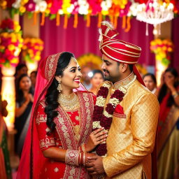 A beautiful Indian bride and her husband during a traditional wedding ceremony