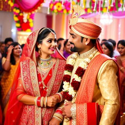 A beautiful Indian bride and her husband during a traditional wedding ceremony
