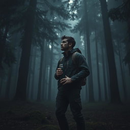 A mysterious dark forest scene featuring a man holding a Stanley thermos