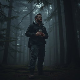 A mysterious dark forest scene featuring a man holding a Stanley thermos