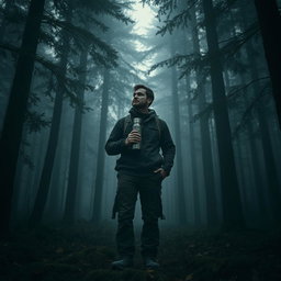 A mysterious dark forest scene featuring a man holding a Stanley thermos