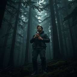 A mysterious dark forest scene featuring a man holding a Stanley thermos