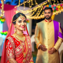 A stunning Indian bride in traditional wedding attire, adorned with intricate gold and red jewelry, showcasing her radiant beauty and joyful expression