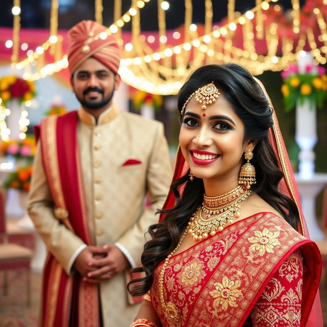 A stunning Indian bride in traditional wedding attire, adorned with intricate gold and red jewelry, showcasing her radiant beauty and joyful expression