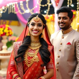 A stunning Indian bride in traditional wedding attire, adorned with intricate gold and red jewelry, showcasing her radiant beauty and joyful expression