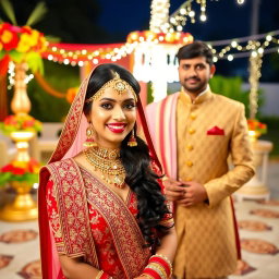 A stunning Indian bride in traditional wedding attire, adorned with intricate gold and red jewelry, showcasing her radiant beauty and joyful expression