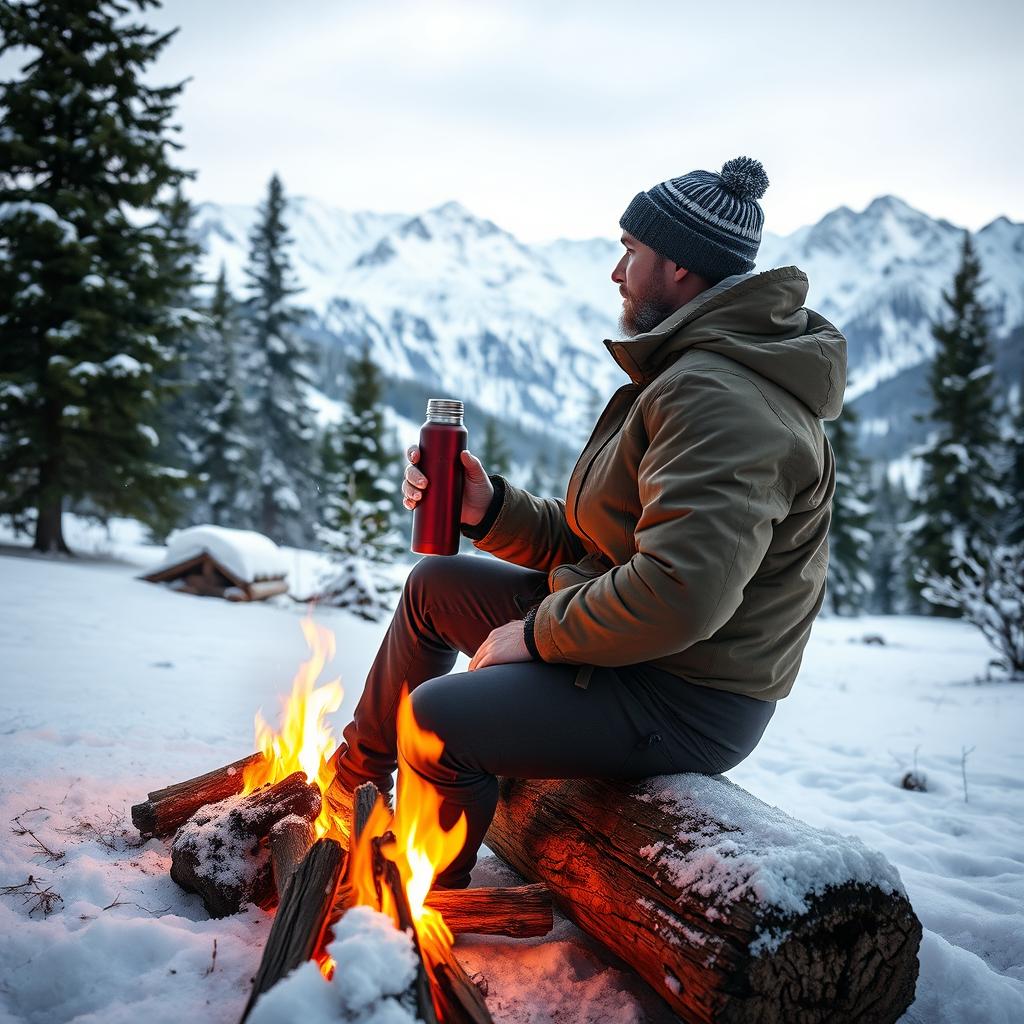 A man camping in a peaceful winter landscape, sitting on a log with a Stanley thermos in his hand
