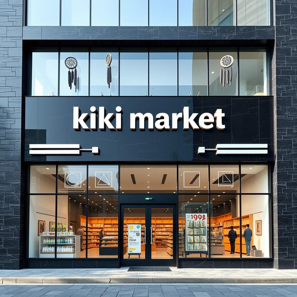 A design for a commercial facade of a hypermarket, featuring a glass exterior that showcases the interior layout