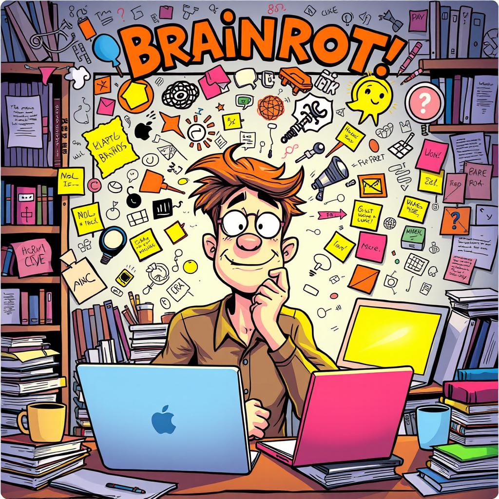 A humorous and vibrant illustration of a person deep in thought surrounded by chaotic ideas represented as colorful scribbles, quirky doodles, and vibrant sticky notes, depicting the concept of 'brainrot' in a comical way