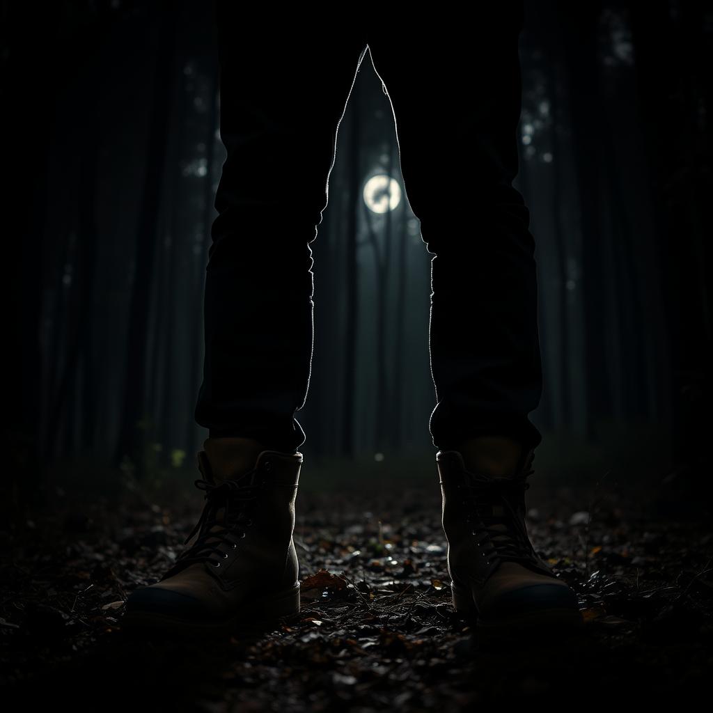 A dark forest scene focused on a pair of male legs, showcasing the man's pants and boots standing on a forest floor