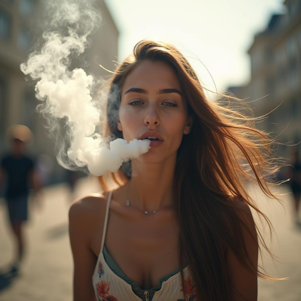 A young woman with a carefree expression puffing out a cloud of smoke