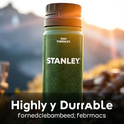 A highly durable Stanley thermos, showcasing its rugged design and robust materials, placed against a natural outdoor backdrop