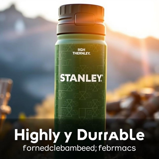 A highly durable Stanley thermos, showcasing its rugged design and robust materials, placed against a natural outdoor backdrop