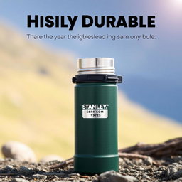 A highly durable Stanley thermos, showcasing its rugged design and robust materials, placed against a natural outdoor backdrop