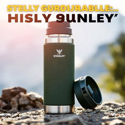 A highly durable Stanley thermos, showcasing its rugged design and robust materials, placed against a natural outdoor backdrop