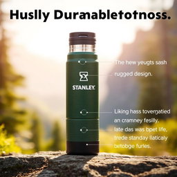 A highly durable Stanley thermos, showcasing its rugged design and robust materials, placed against a natural outdoor backdrop