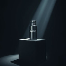 A dark, moody room illuminated by a single shaft of light, revealing a sturdy Stanley thermos emerging from within a massive iron block